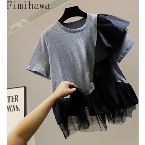 Korean Fashion Casual T-Shirts Summer O Neck Short Sleeve Gauze Ruffles Contrast Color Patchwork Tops Loose Ropa Mujer