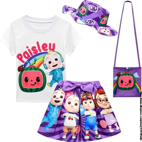 Kids Girl Clothing Sets Summer CocoMelon Baby Girls Clothes Short Sleeve T-Shirt+Pant Dress +Bag+Hat Children Clothes Suits