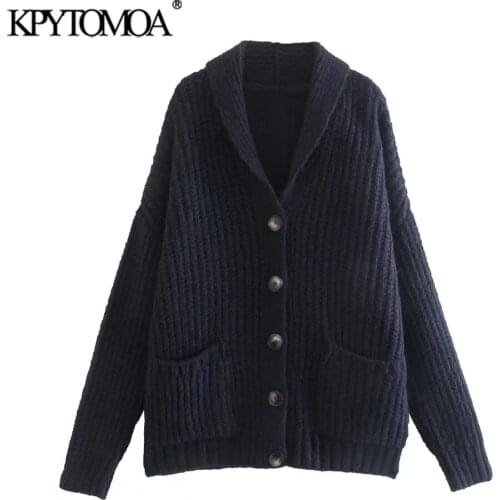 KPYTOMOA Women 2021 Fashion Oversized Knit Cardigan Sweater Vintage Long Sleeve Patch Pockets Female Outerwear Chic Tops