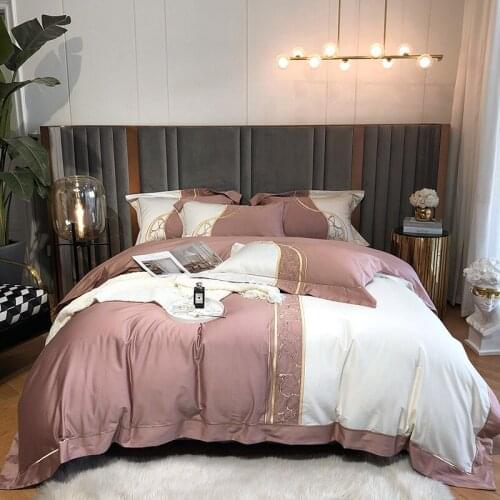 Cool feeling ice silk embroidery four-piece color matching quilt cover simple single double wash day silky summer bedding pink