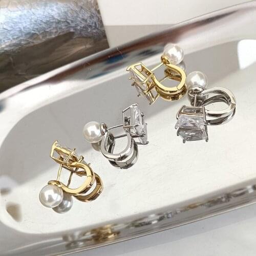 Square zircon and artificial pearl earrings shiny sparkle gold plated high quality women jewelry earrings stud