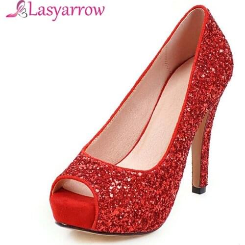 Lasyarrow 12CM Super High Thin Heels Night Club Sexy Woman Peep Toe Pumps Platform Fashion Euro Popular Bling Pumps for Woman