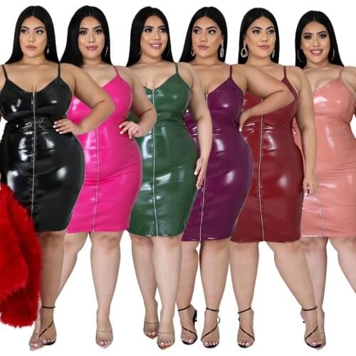 Summer Sexy Plus Size PU V-Neck Dress Sleeveless Zipper Strap Bodycon Knee-Length Dress Party Club Midi Dresses