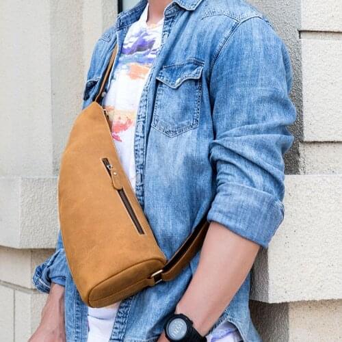 Men genuine leather chest bag vintage cow leather crossbody bag functional messenger bag brown Cow leather iPad mini casual bag