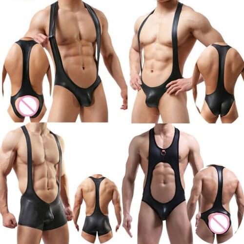 Mens Sexy PU Leather Bodysuit Jockstrap Underwear Wrestling Singlet Leotard Jumpsuits Suspender Overalls Sexy Teddies Underwear