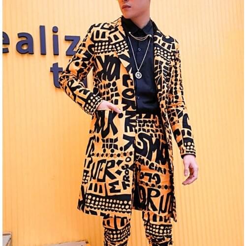Spring Nightclub Stage Singer DJ Clothes Heren Colberts Long Casual Suits Blazer Masculino Men Letter Blazer Yellow Only Jacket