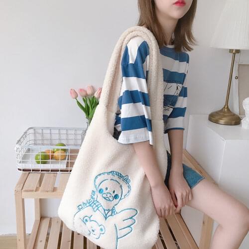 Soft Plush Womens Cute Shoulder Bags Large Capacity Student Girls Vest Tote Bag Winter Faux Lamb Wool Female Purse Handbags
