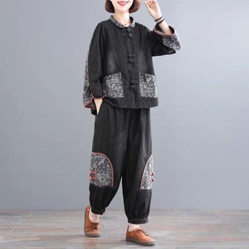 2021 Spring And Autumn New Literature Art Plaid Two Piece Set Loose Large Size Printing Plate Button Sticker Western Style Retro