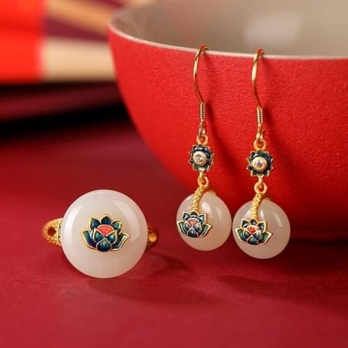 S925 sterling silver gold-plated cloisonne Hetian jade vintage Chinese style lotus womens ring earrings set