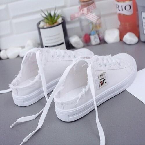 Spring New Sports Womens Half Slippers Students Breathable Casual Single Shoes Soft Comfortable Flat Bottom Lace-Up White Shoes