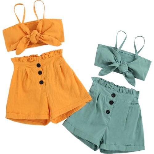 New Girls Casual Two-piece Clothes Set, Solid Color Camisole and Elastic Waist Shorts, Celadon/ Ginger