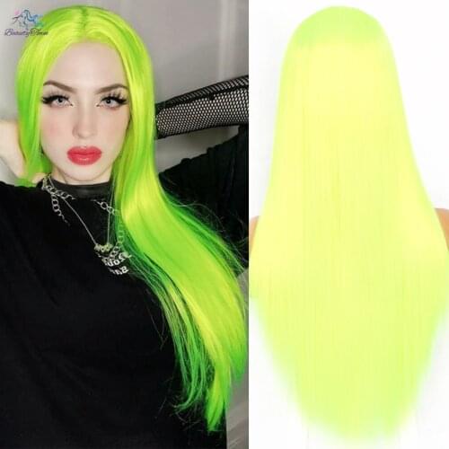 BeautyTown Long Straight Neon Yellow Wig for Women Natural Middle Part Lace Wigs Cosplay Party DJ Occasion Heat Resistant Fiber