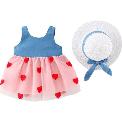 Little Girls Dress Toddler Baby Kids Girl Denim Top Patchwork Heart Print Tulle Mesh Dresses + Straw Cap Hat Casual Clothes Set
