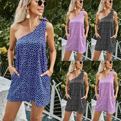 One-Shoulder Polka Dot Print Dress Women Sexy Backless Slanted Sleeveless Pocket Casual Mini Dresses Bohemian Beach Dress Female