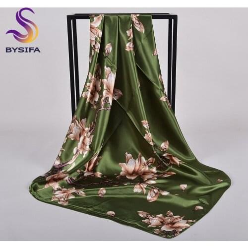 BYSIFA Women Blue Satin Silk Head Scarf Hijab Printed Fashion Luxury Muslim Headscarves Spring Autumn All-Match Female Scarves