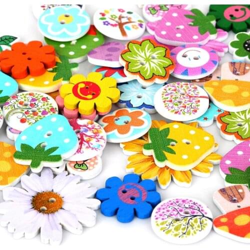 80pcs/bag Plant Pattern Wood Botton 2-Holes Mixed Wooden Buttons Sewing Scrapbooking Single-Side for Sewing Accessories