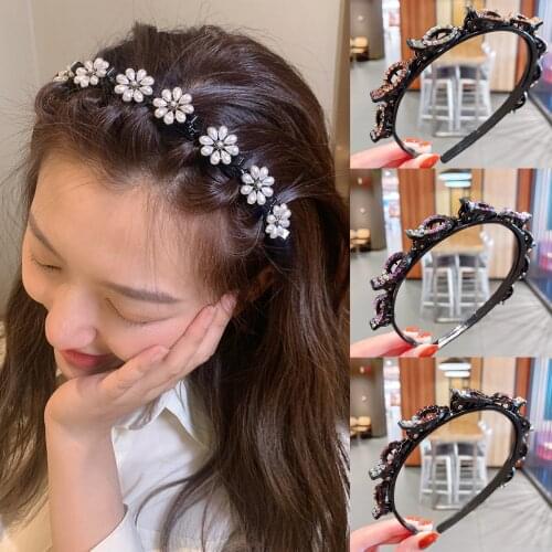 Ruoshui Woman Crystal Double Band Hairband with Clips Hairstyle Headband Women Pearl Hair Accessorires Bezel Ladies Headwear