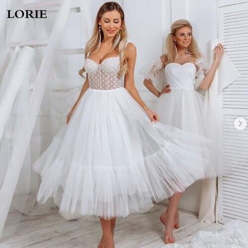 LORIE Ivory Polka Dots Tulle A Line Short Wedding Dress 2021 Spaghetti Straps Simple Bride Dresses Tea Length Weddin Party Gowns
