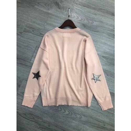 Women Long Sleeve Star Patch Knit Sweater 2021 Autumn New Ladies O-Neck Loose Knitwear Jumper Female Pullover Tops