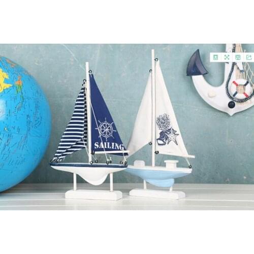 1PC Wood White Sailboat Figurines Mediterrean Style Wooden Stripe Ship Home Office Desktop Miniature Marine Sailing Boats KN 060