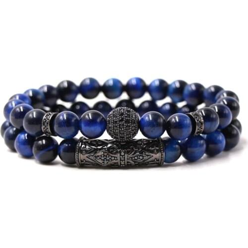 2Pcs/set 8mm Natural Blue green red Tiger Eye stone bead Bracelets Pave CZ Ball tube bracelet for Men&Women charm DIY Jewelry