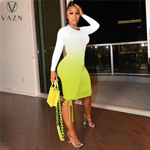 VAZN 2021 Autumn Sweet Young Sexy Overalls Drawstring Dress Full Sleeve Solid Young Midi Dress High Waist Women For Evening Robe