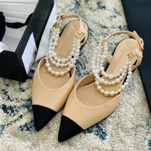 2021 Luxury Pearls Chain Sandals Women Brand Designer Pointed Toe Flat Shoes Lady Summer Sexy Party Sandal Flat Shoes