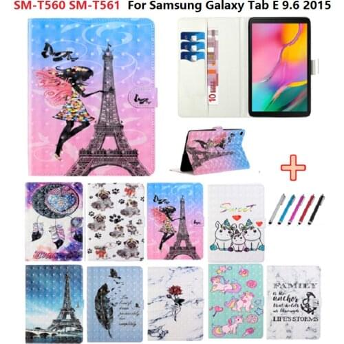 For Samsung Galaxy Tab E 9.6 Case SM-T560 /T561 Girl Flower Puppy Cartoon Wallet PU Leather Back Silicone Tablet Cover +Pen