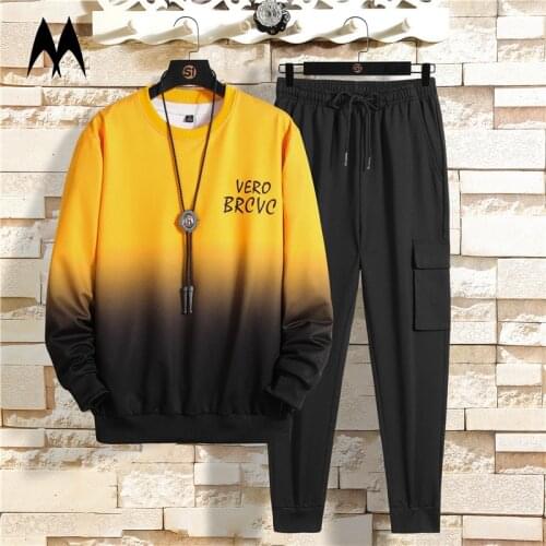 Patchwork Mens Set Korean 2021 Spring Autumn Fashion O-Neck Sweatshirt Sweatpants Harajuku Sets Men Casual 2 Piece Tracksuit