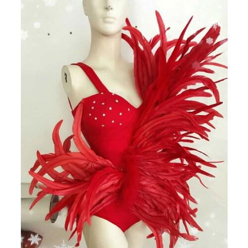 Red feather bodysuit female singer stage performance clothing bar nightclub DJ DS GOGO dance costume