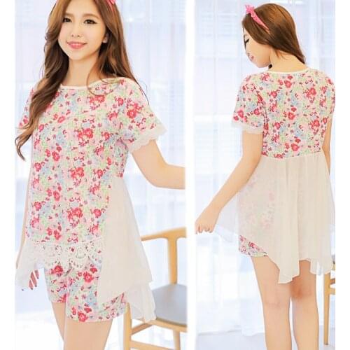Summer cotton short sleeved pajamas lace stitching Chiffon female nightgown dovetail irregular hem girl two piece sleepwear pant