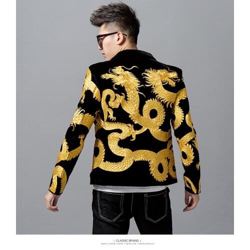 Gold Dragon Pattern Embroidery Stage Suit Jacket Men Fancy Designer Blazer Men Dj Club Party Prom Blazer Men Velvet Blazer