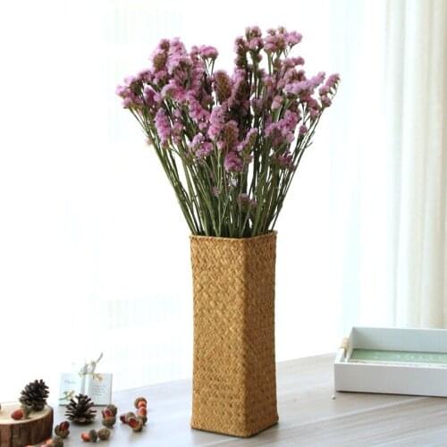 Natural Brown Weaved Sea Grass Flower Tube In Narrow Rectangle Shape Farm House Accents Handmade Home Table Decor Dry Plant Vase
