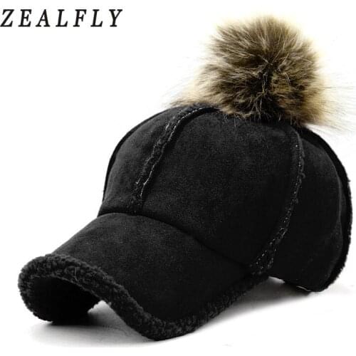 New Fur Ball Cap Pom Poms Winter Hat For Wome High Quality Suede Cap Casual Strapback Baseball Cap For Men Casquette Dad Hats