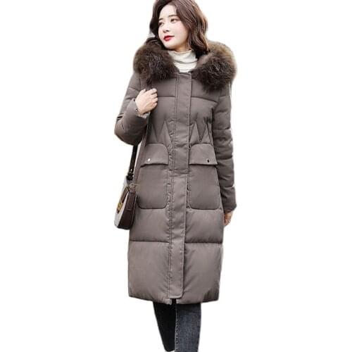 2021 New Winter Womens Slim Cotton Puffer Jacket Big Fur Collar Hoodies Long Parkas Women Thicke Warm Korean Elegant Black Coat