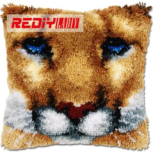 REDIY LADIY Latch Hook Cushion Kits Animals Lion Face Sofa Pillow Crocheting Yarn Kits for Embroidery Pre-printed Color Canvas