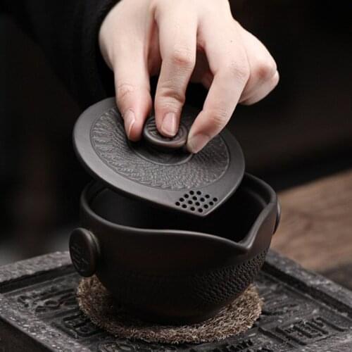 Retro Handmade Gaiwan Purple Pottery Blessed Hand-Held Pot Chinese Knife Jumping Ceramic Hand-Held Pot Cover Bowl Tea Bowl Cup