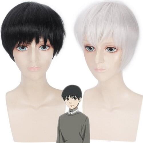 Tokyo Ghoul Ken Kaneki Straight Short Cosplay Wig For Men Heat Resistant Synthetic Black White +Free Wig Cap