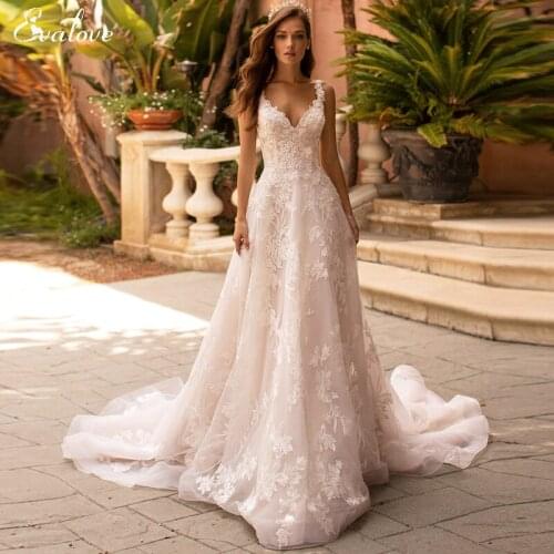 EVALOVE Customized Romantic V-Neck Backless Beading A-Line Wedding Dress Gorgeous Appliques Sparkly Tulle Princess Bridal Gown