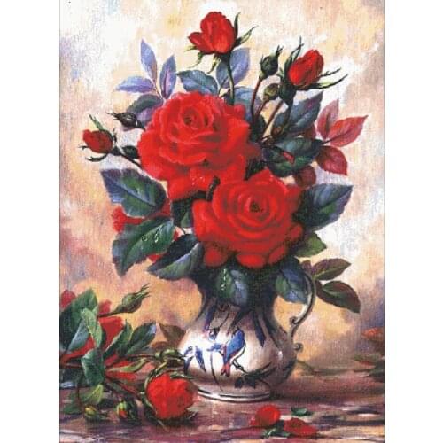 Red rose vase cross stitch package big bloom 18ct 14ct 11ct cloth cotton thread embroidery DIY handmade needlework