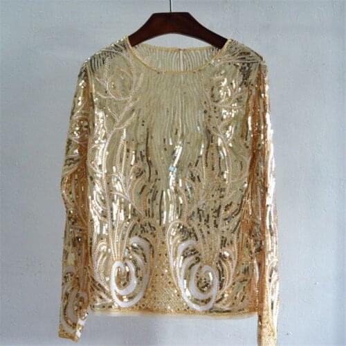 Sexy Runway Designer Beading Sequin Shirt Top Long Sleeve Perspective Sheer Gauze Mesh Lace Blouse Women Clothing Blusa Camisa