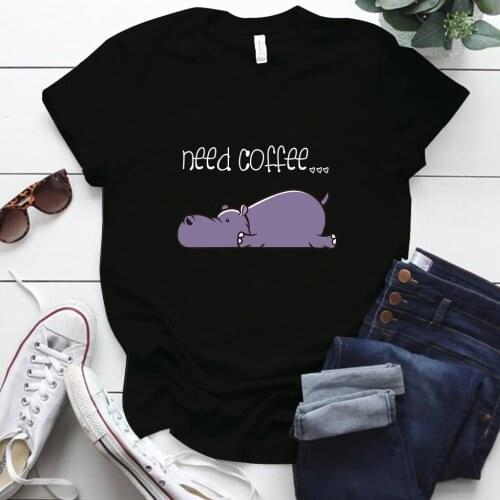 Need Coffee Print Hippopotamus Graphic Tee Shirt Plus Size Short Sleeve Funny Tshirts Women Tops Cothes 2020 Kawaii Shirt Femme