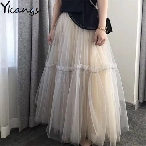 Ruffles Tutu Pleated Skirt Women High Waist Big Swing Vintage Tulle Skirt Korean Black Green Mesh Long Skirt Clothing Streetwear
