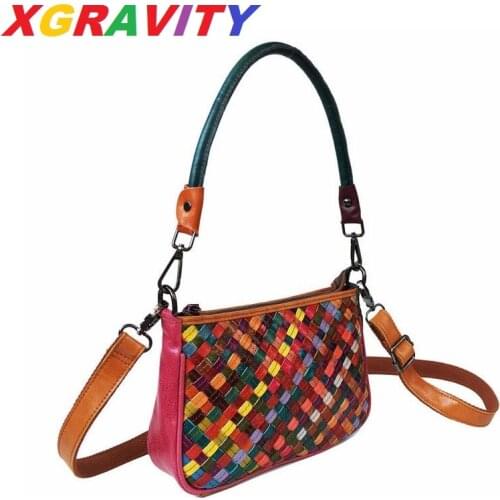 XGRAVITY Luxury Small Knitted Cow Genuine Leather Fashion Bags Colorful Weave Ladies Messenger Bags Mix Color Female Handbags