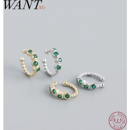 WANTME 925 Sterling Silver Jewelry Unique Ear Cuff Non Pierced Micro Pave Green Zircon Small Sized Girl Clip Earring for Women