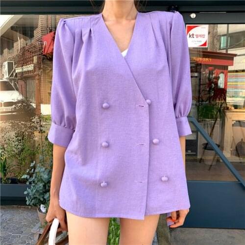 HziriP Summer Chic 2020 Korea Simple OL Women Office Ladies Fashion Loose V-Neck Double Breasted Blazer Loose Purple Blazer