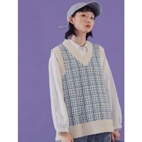 Casual Loose Sweater Vest Women 2021 Korean Style Preppy Geommetric Plaid V Neck Sleeveless Pullover Knitted Tank Tops T673