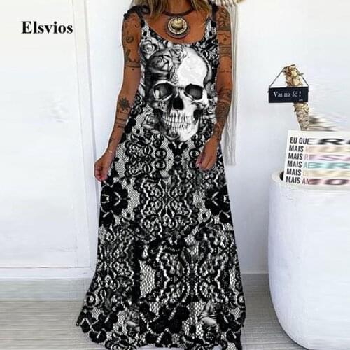 Fashion Punk Skull Print Sling Party Dress Women Casual O Neck Loose Maxi Dress Summer Sleeveless Off Shoulder Long Beach Dress