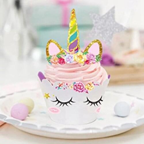 24pcs Unicorn Rainbow Cake Cupcake Wrappers Cake Toppers ake Decoration Baby Shower Birthday Party wedding supplies