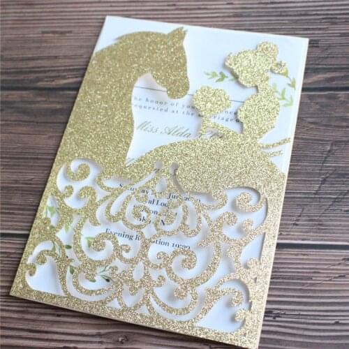 Glittery gold horse lady invitation card floral laser cutting wedding birthday graduation celebration cards